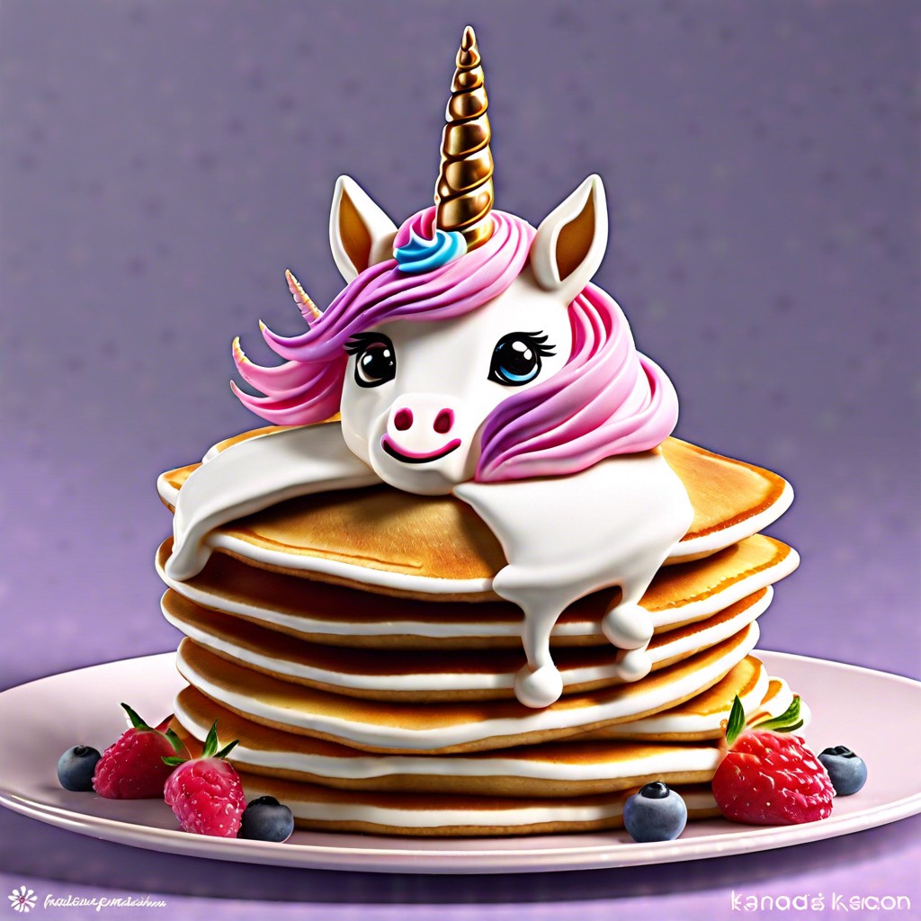 unicorn pancakes with a whipped cream mane and fruit horn