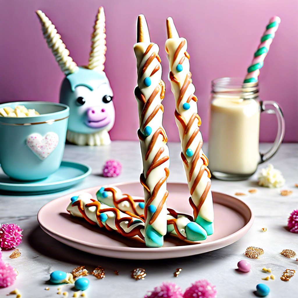 unicorn pretzel sticks dipped in white chocolate