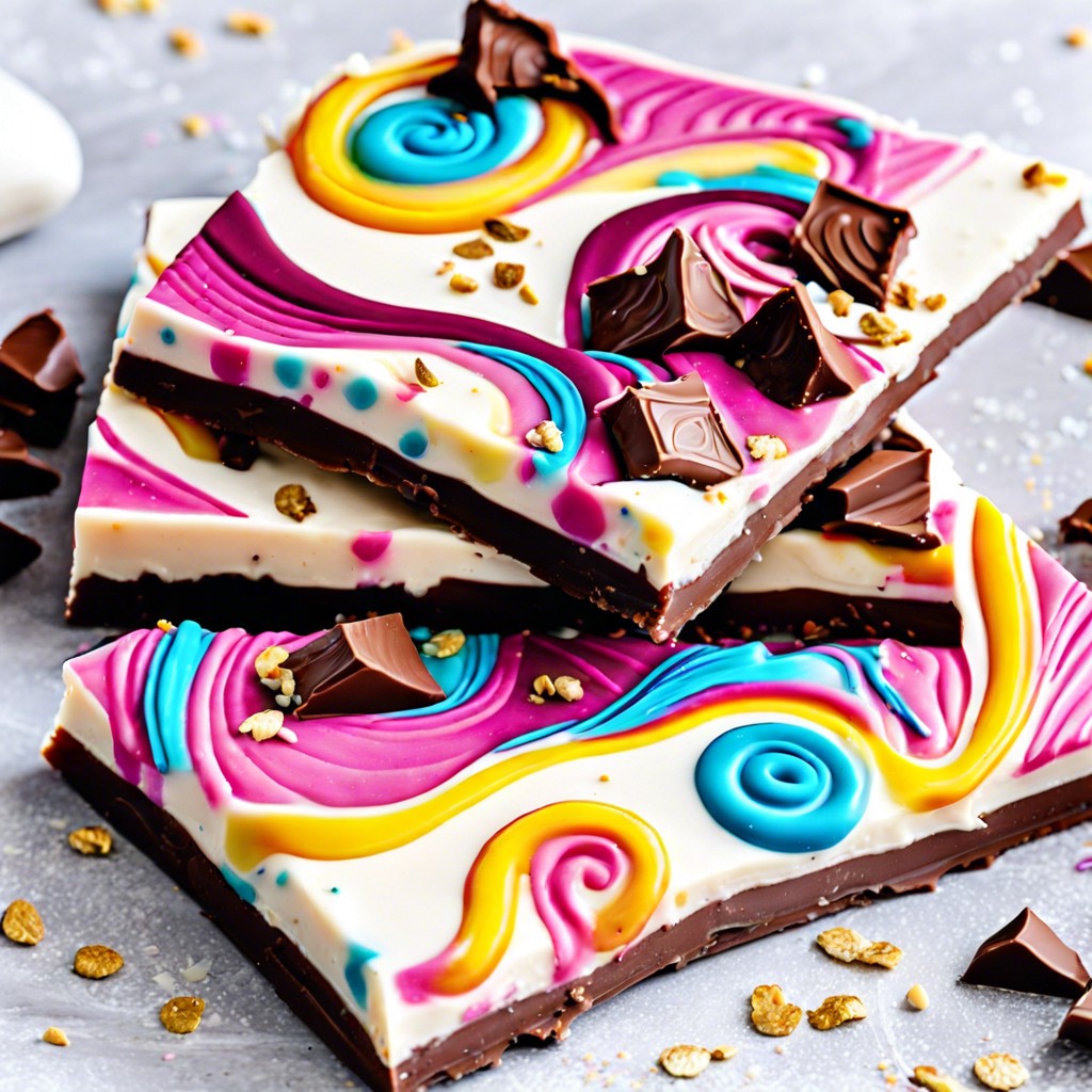 unicorn themed chocolate bark with colorful swirls