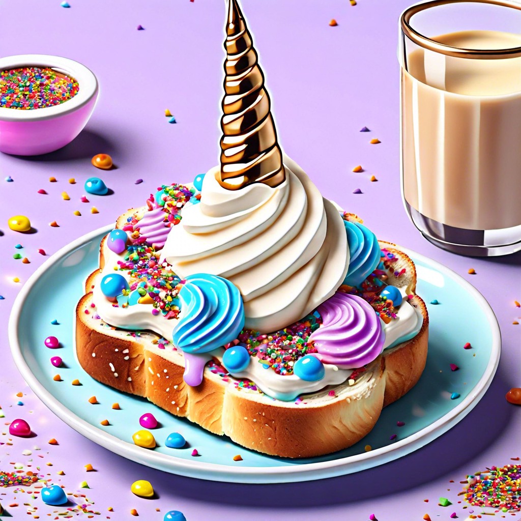 unicorn toast with cream cheese and colorful sprinkles