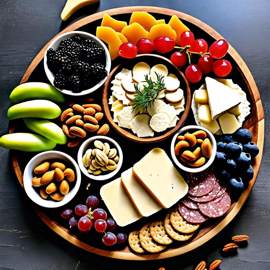 vegan board with cashew cheese marinated artichokes and fresh veggies