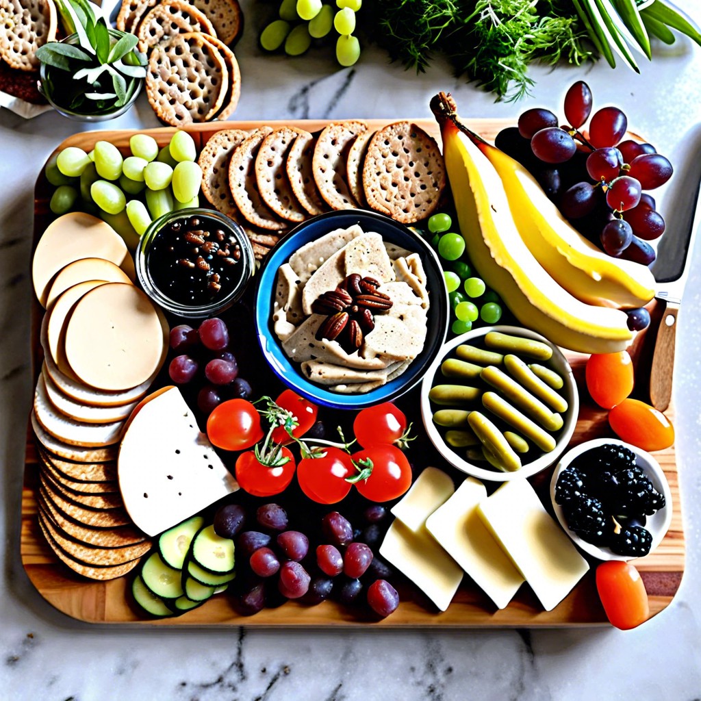 vegan board with plant based meats cheeses and vegetables