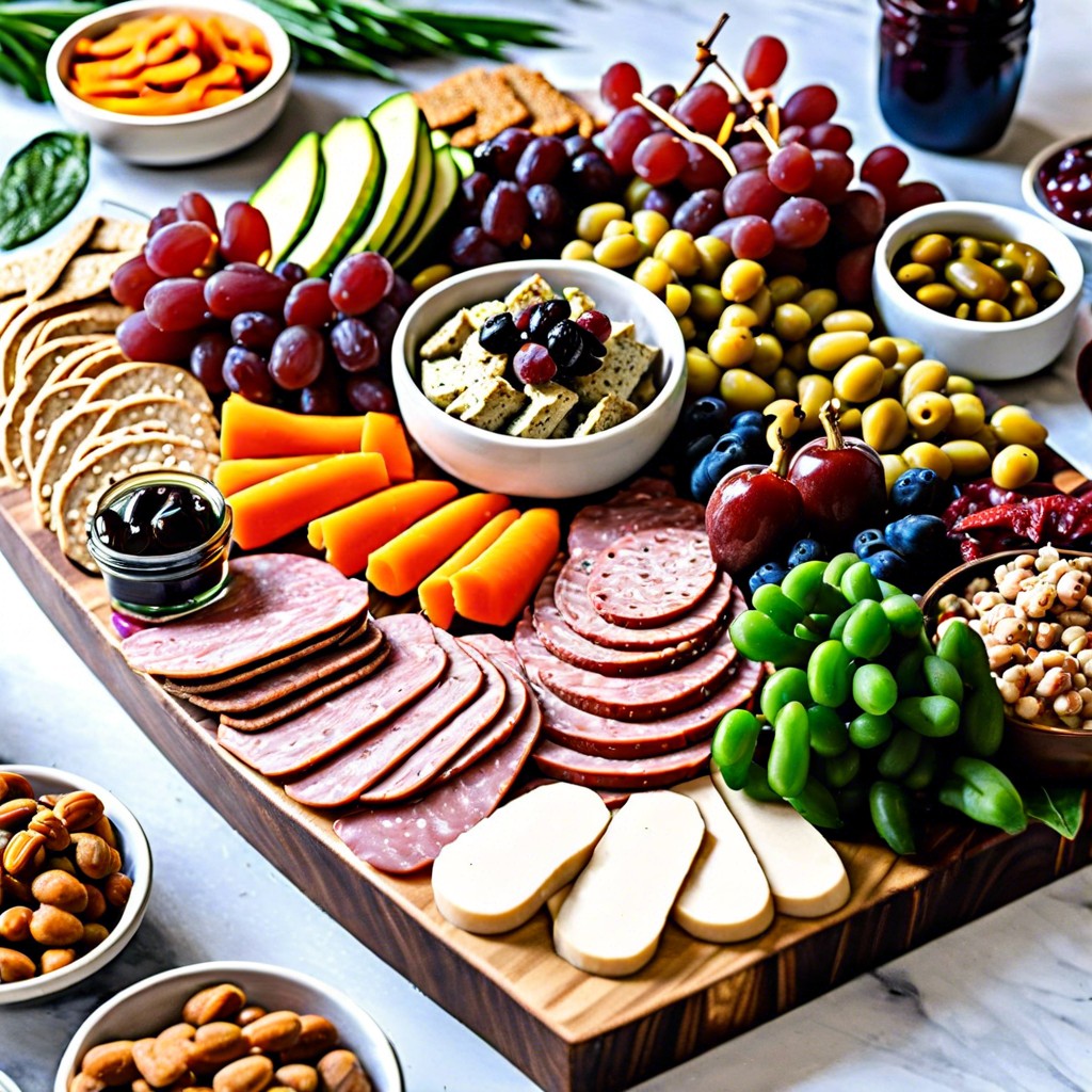 vegan board with plant based meats vegan cheeses fresh veggies