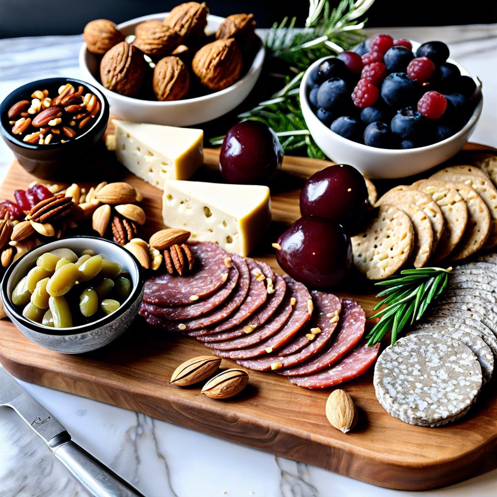 vegan board with various nut cheeses olives and crackers