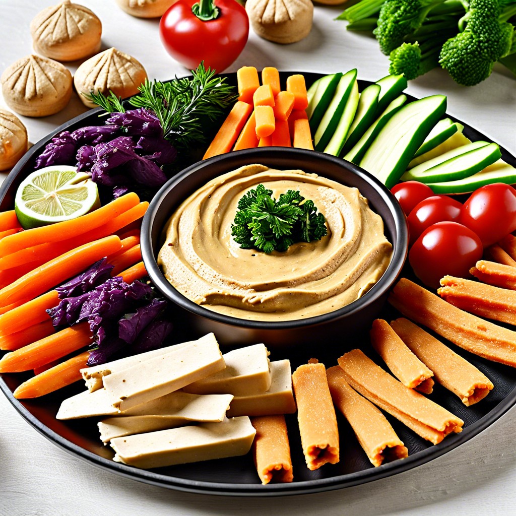 vegan delight tray with hummus and veggie sticks