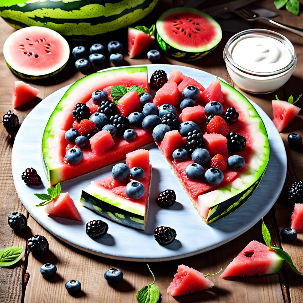 watermelon pizza slices with yogurt and berries