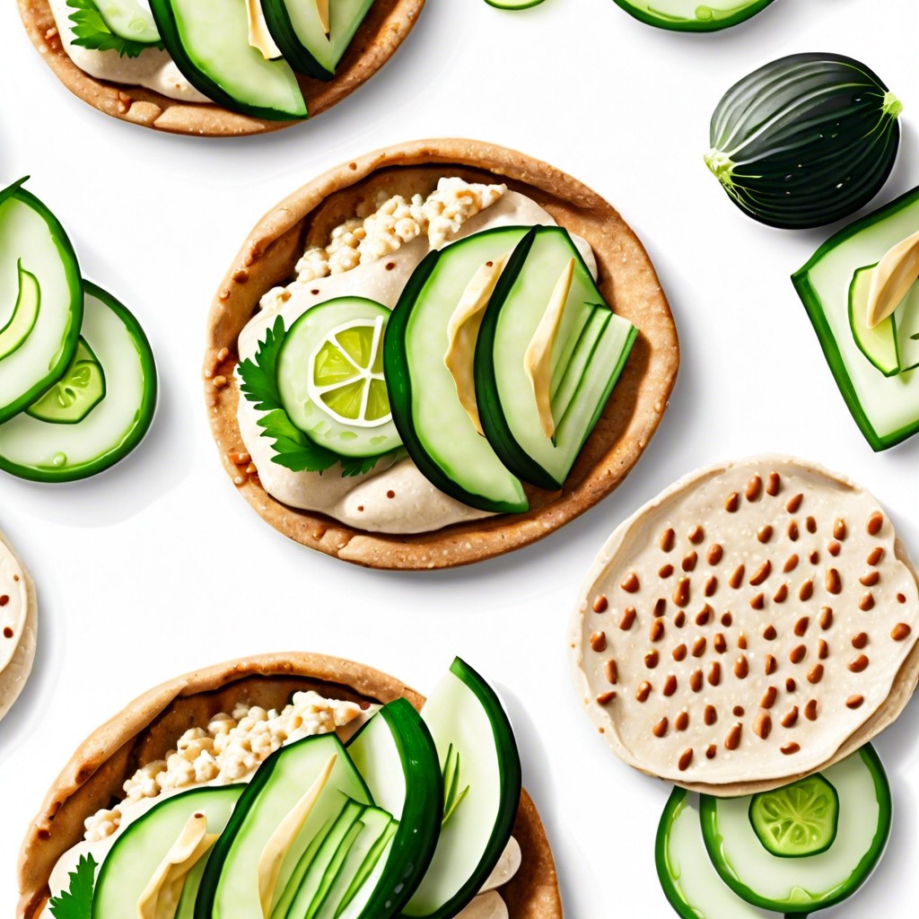 whole grain pita with hummus and cucumber slices