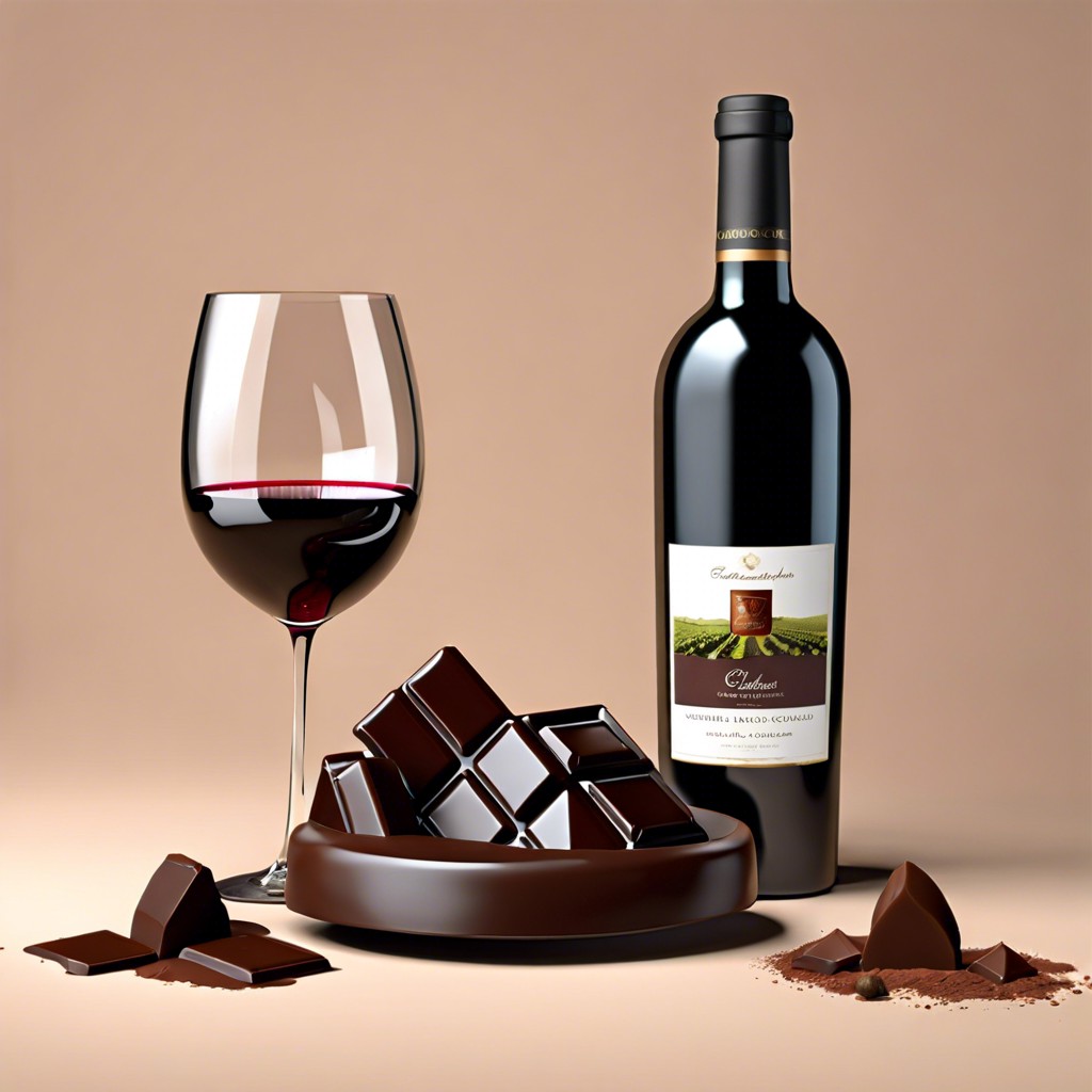 wine and dark chocolate with assorted nuts and dried fruits