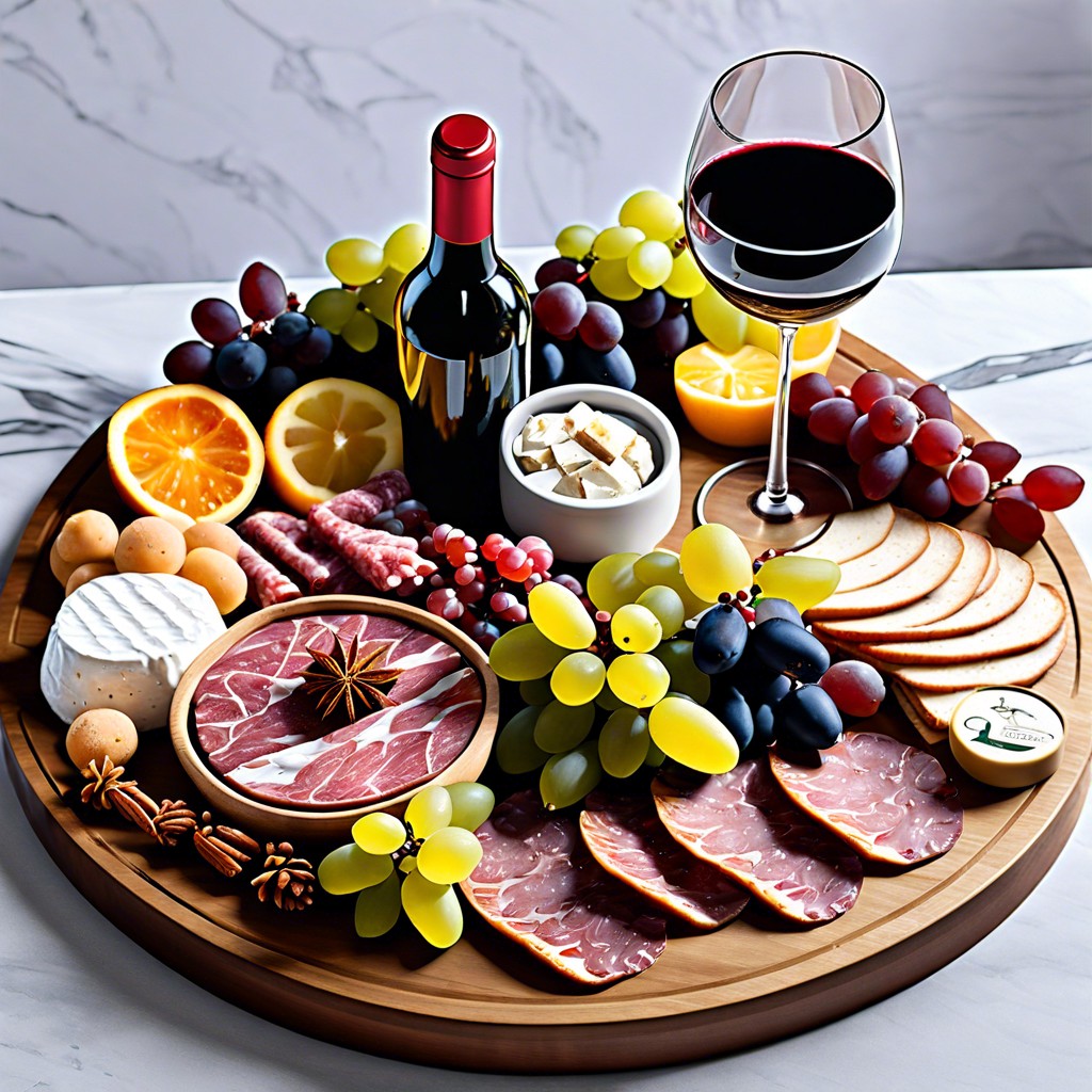 wine pairing board merlot cheese red grapes dark chocolate baguette nuts