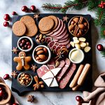 winter holiday board with gingerbread sliced meats and nuts