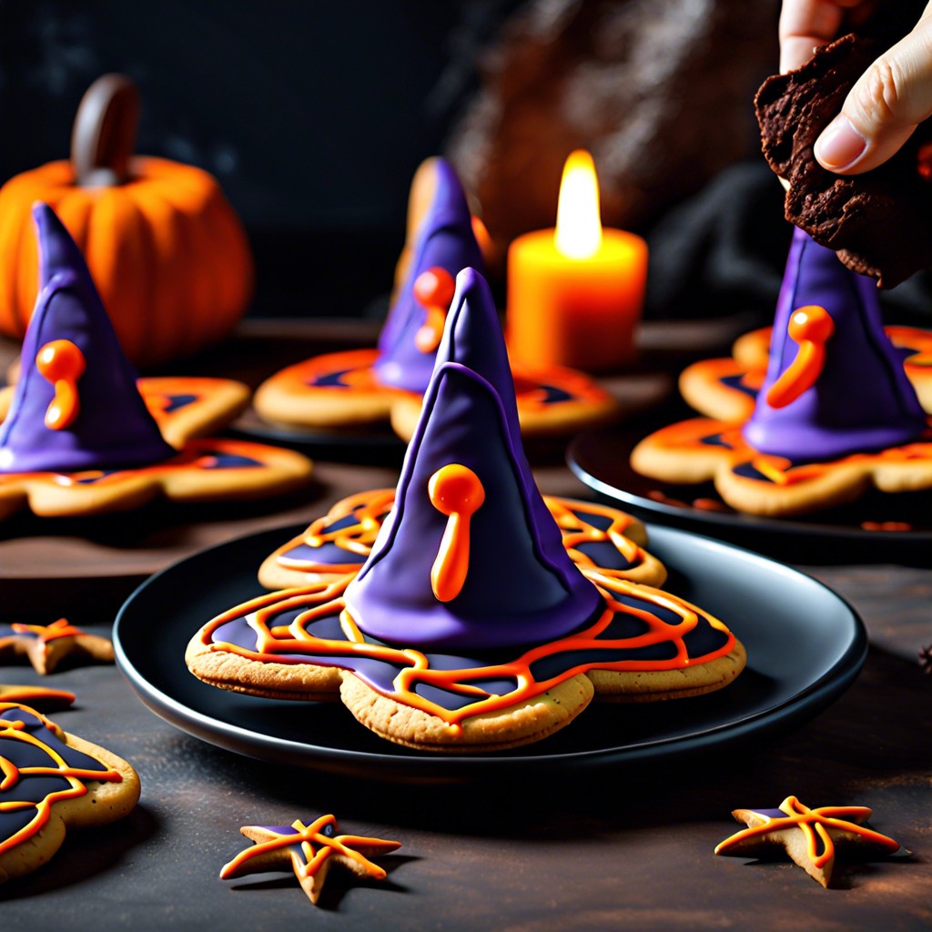 witch hat cookies made with a hersheys kiss on a chocolate cookie