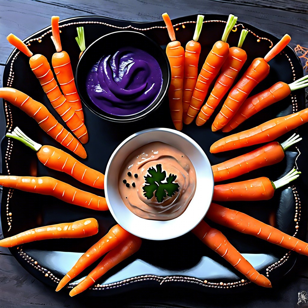 witches fingers carrot sticks with almond fingernails and hummus dip