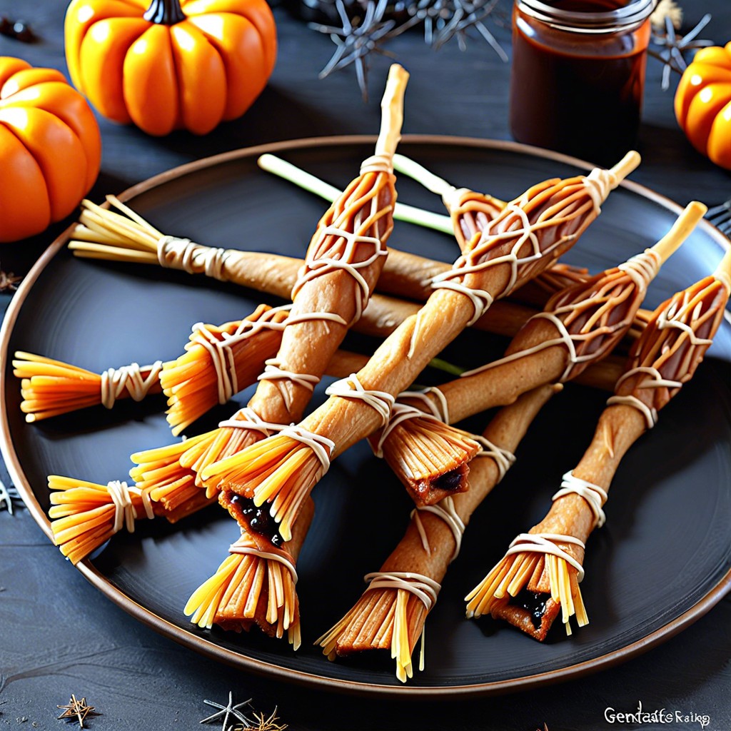 witchs broomsticks stick pretzel rods into mini cheese cubes frayed at one end