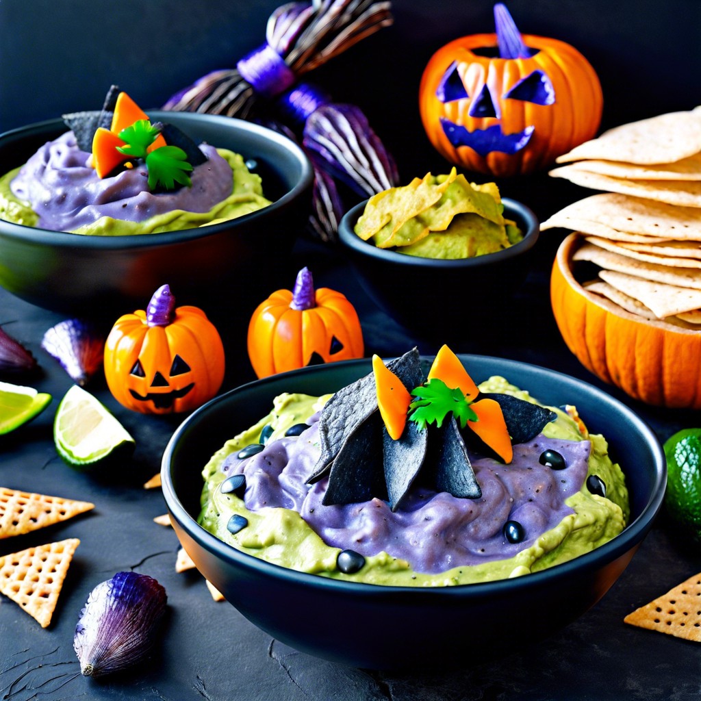 witchy guacamole dip with blue corn chips for a darker look