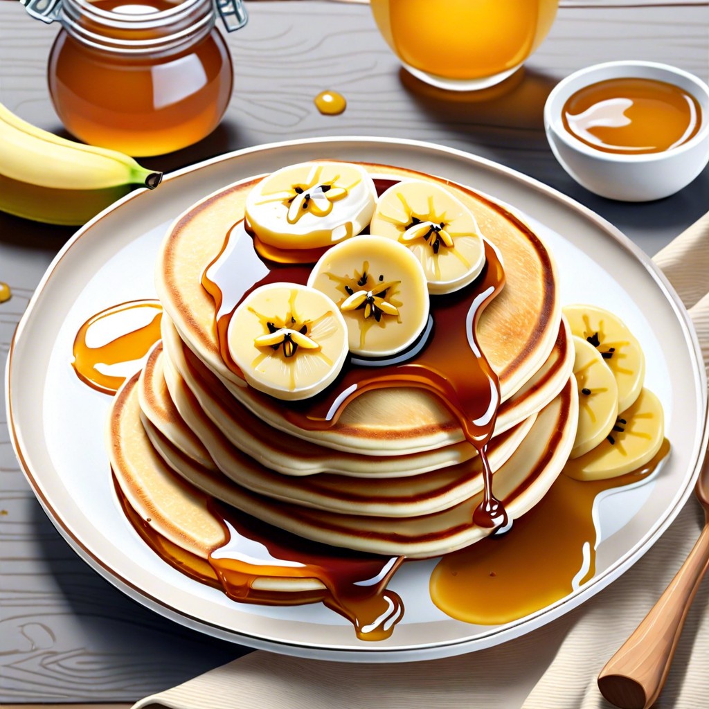 yogurt pancakes topped with honey and banana