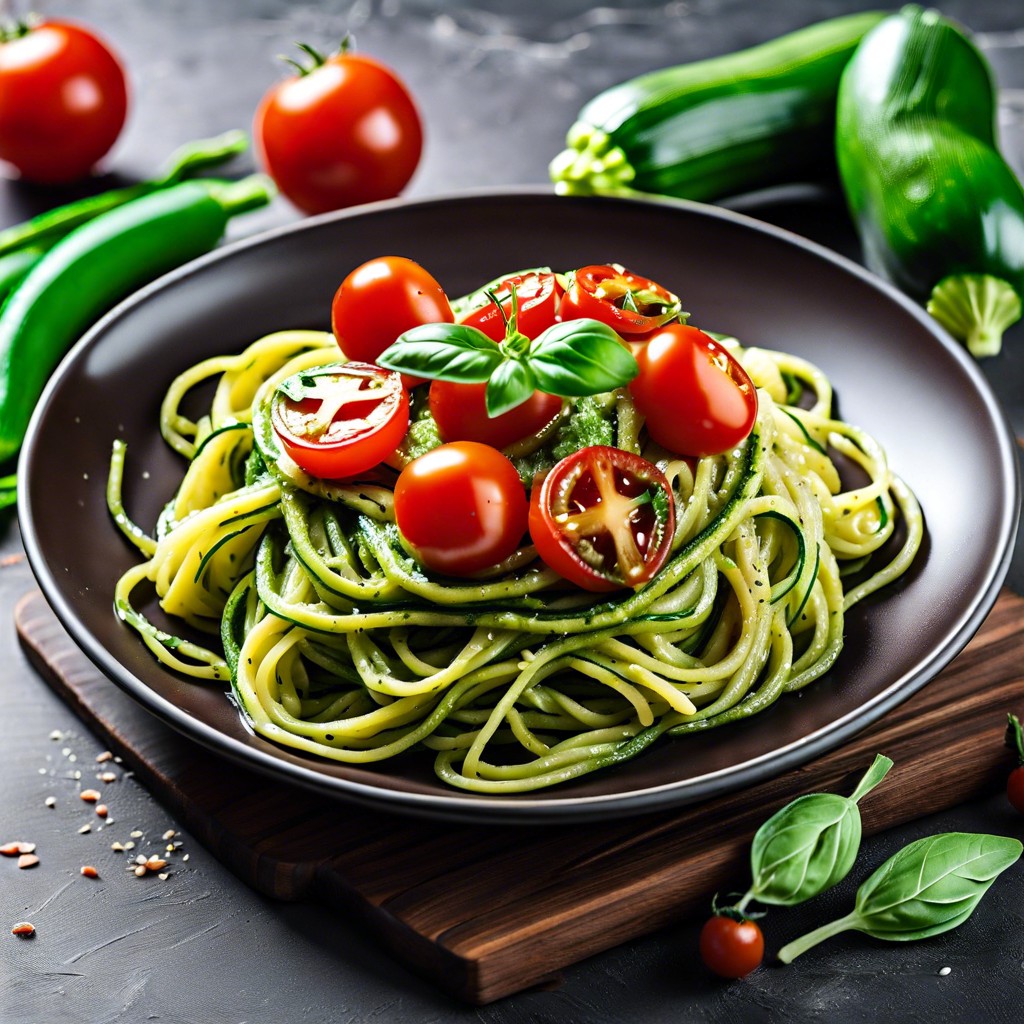 zucchini noodles with pesto and cherry tomatoes