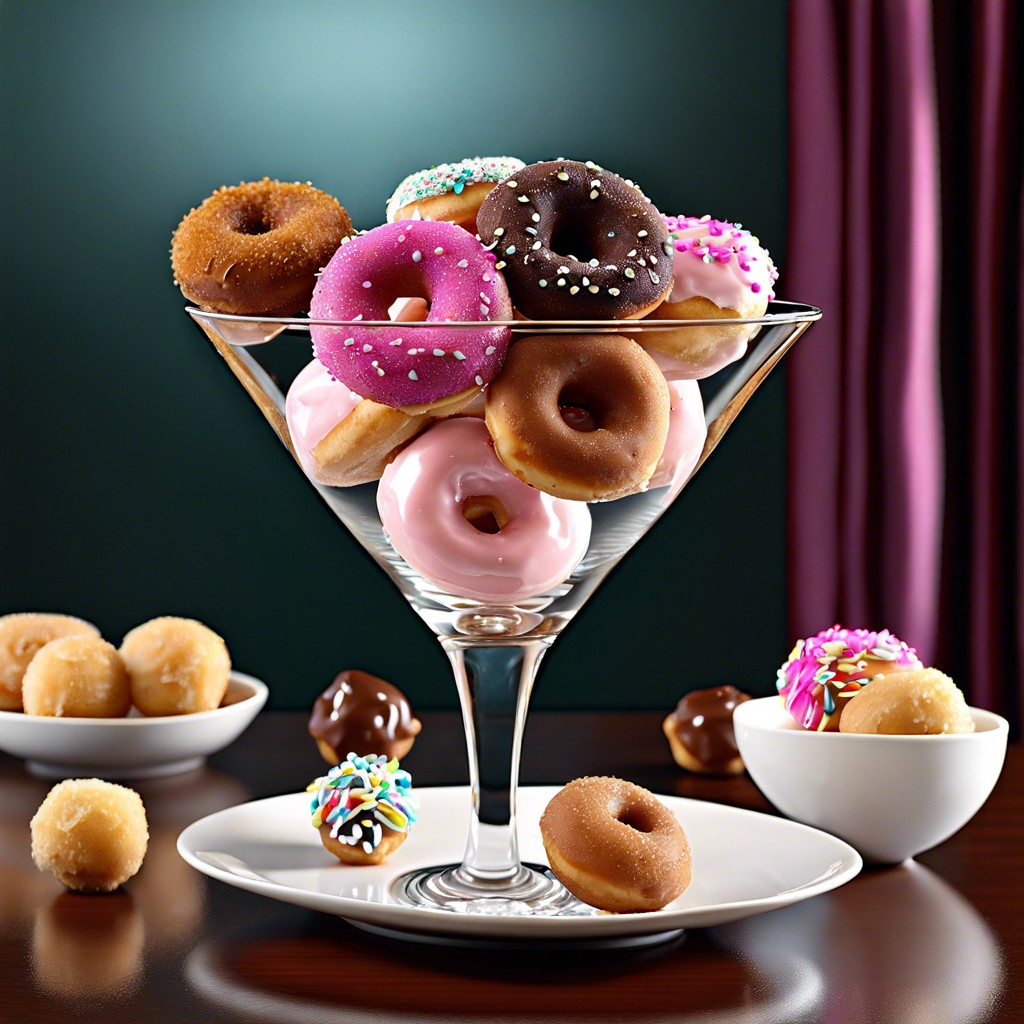 assorted donut holes in martini glasses