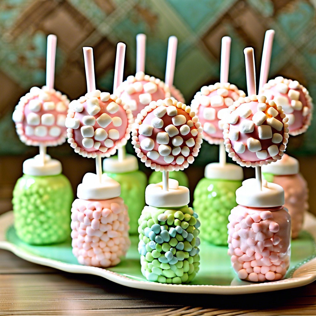 baby bottle cake pops and marshmallows