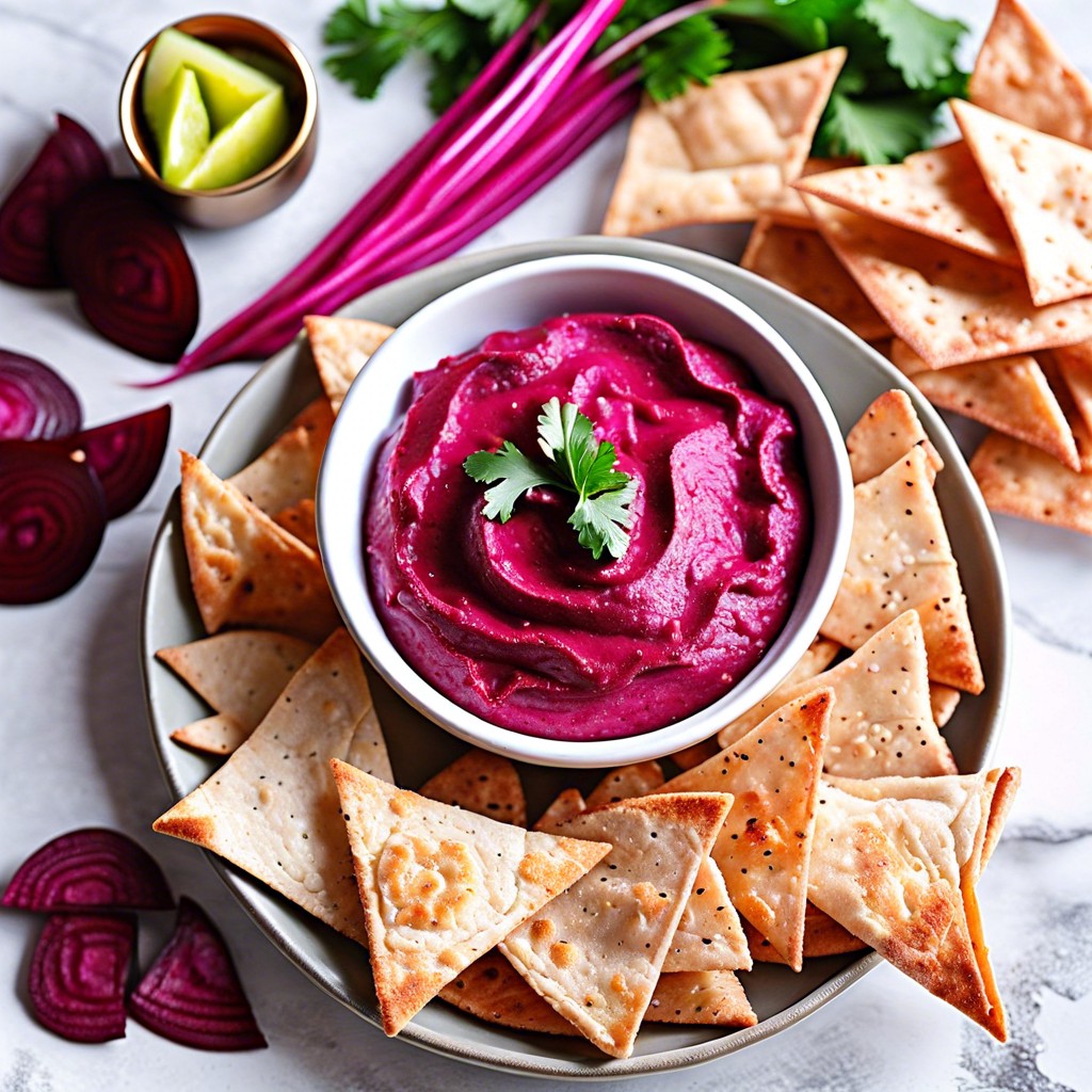 beet hummus with pink pita chips