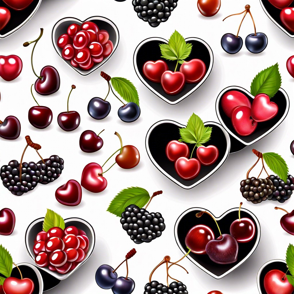 berries and cherries in heart bowls