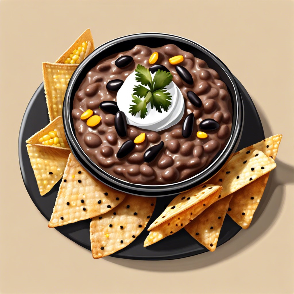 black bean dip with black corn chips