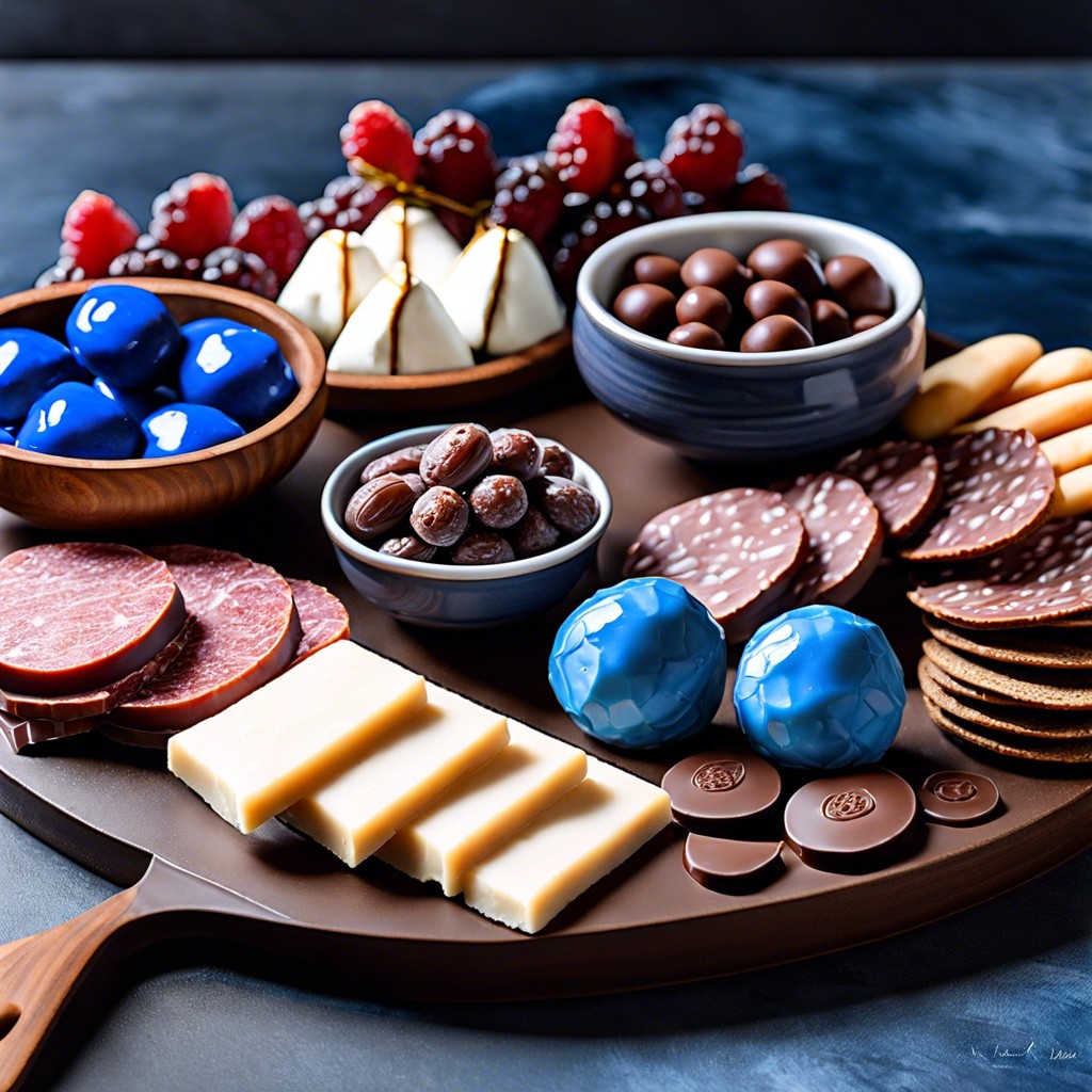 blue chocolate covered pretzels and strawberries