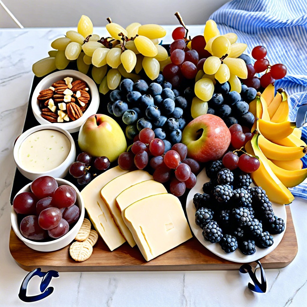 blue themed fruits and candies board