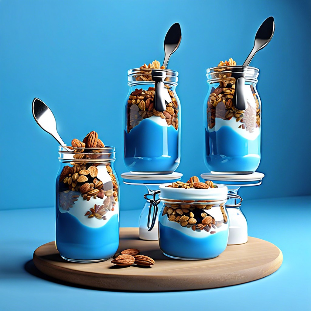 blue yogurt and granola parfait jars