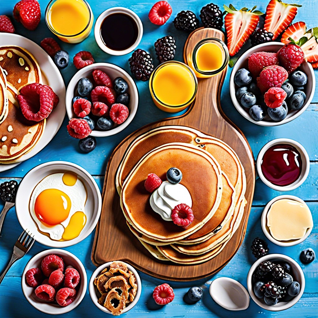 breakfast board with pancakes and toppings