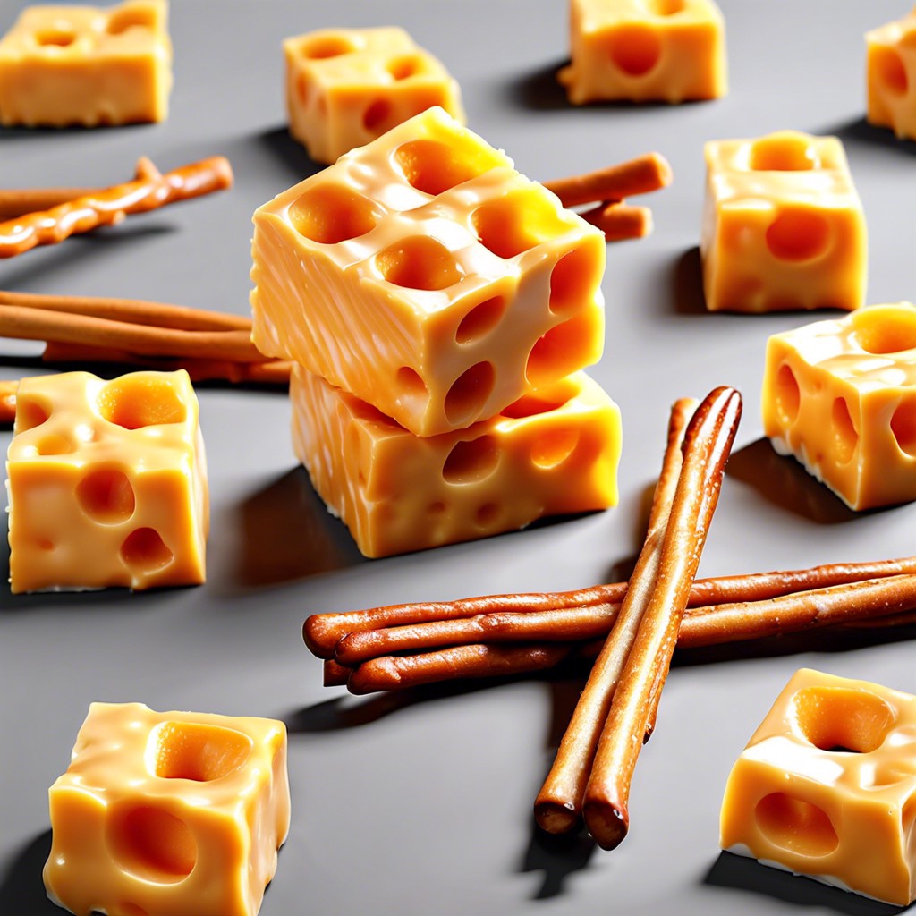 cheddar cubes with pretzel sticks