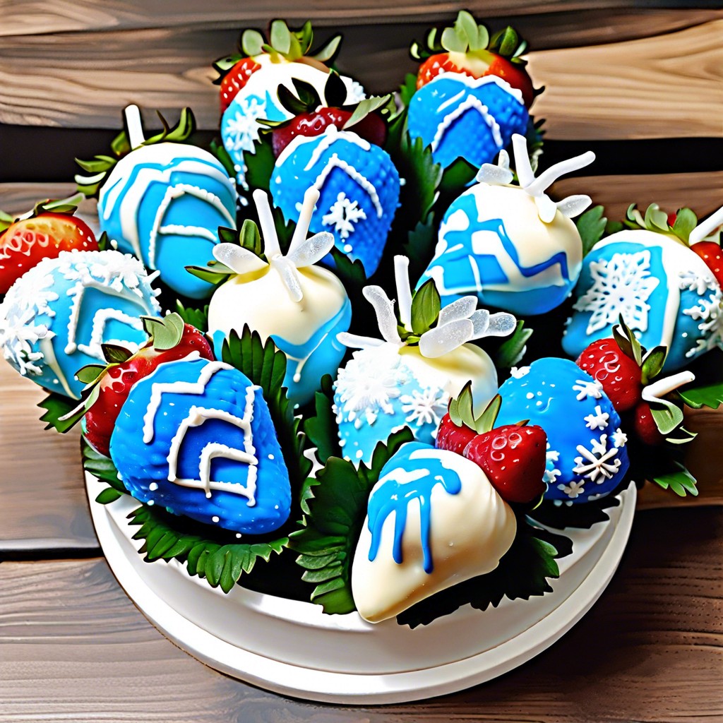 frozen themed blue and white chocolate dipped strawberries