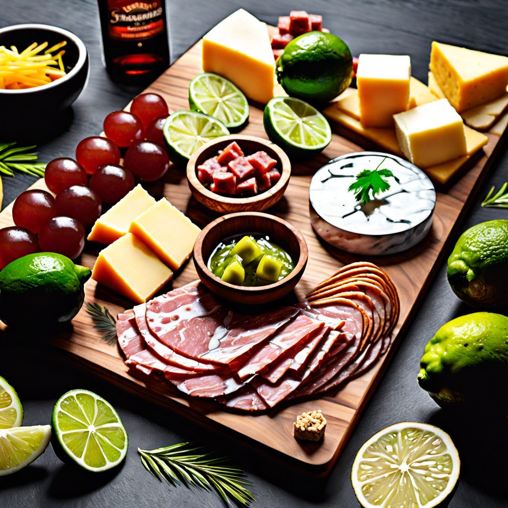 mini tequila shots with lime wedges and salt dusted cheese cubes