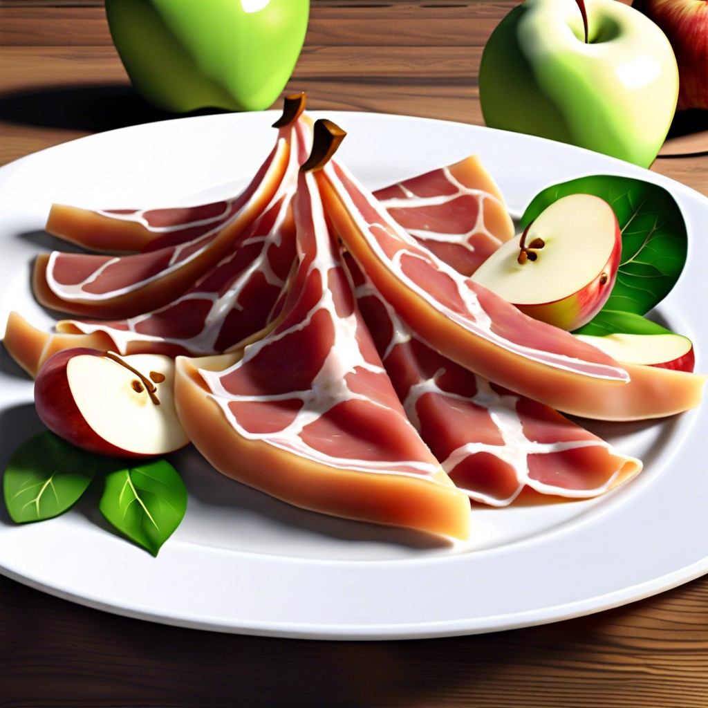 prosciutto and apple slices with honey drizzle