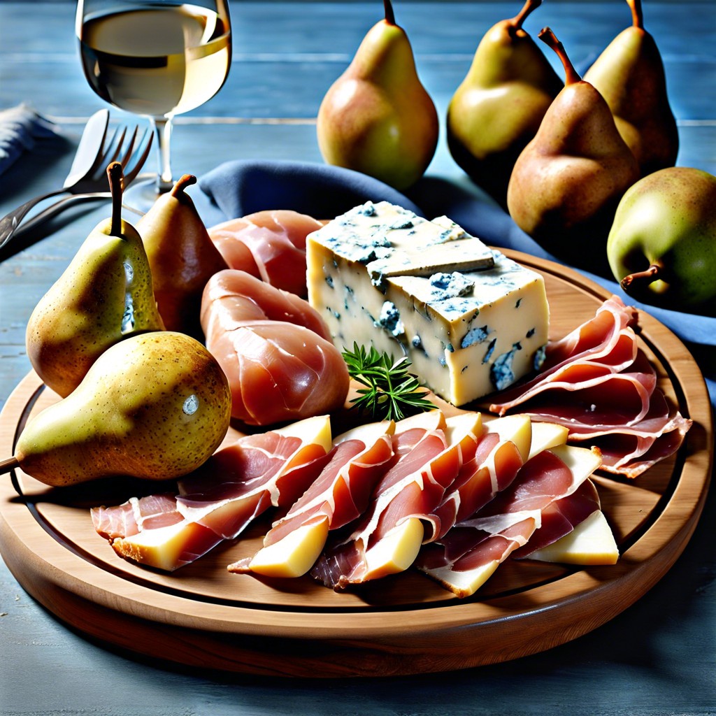 prosciutto and pear slices with blue cheese crumbles