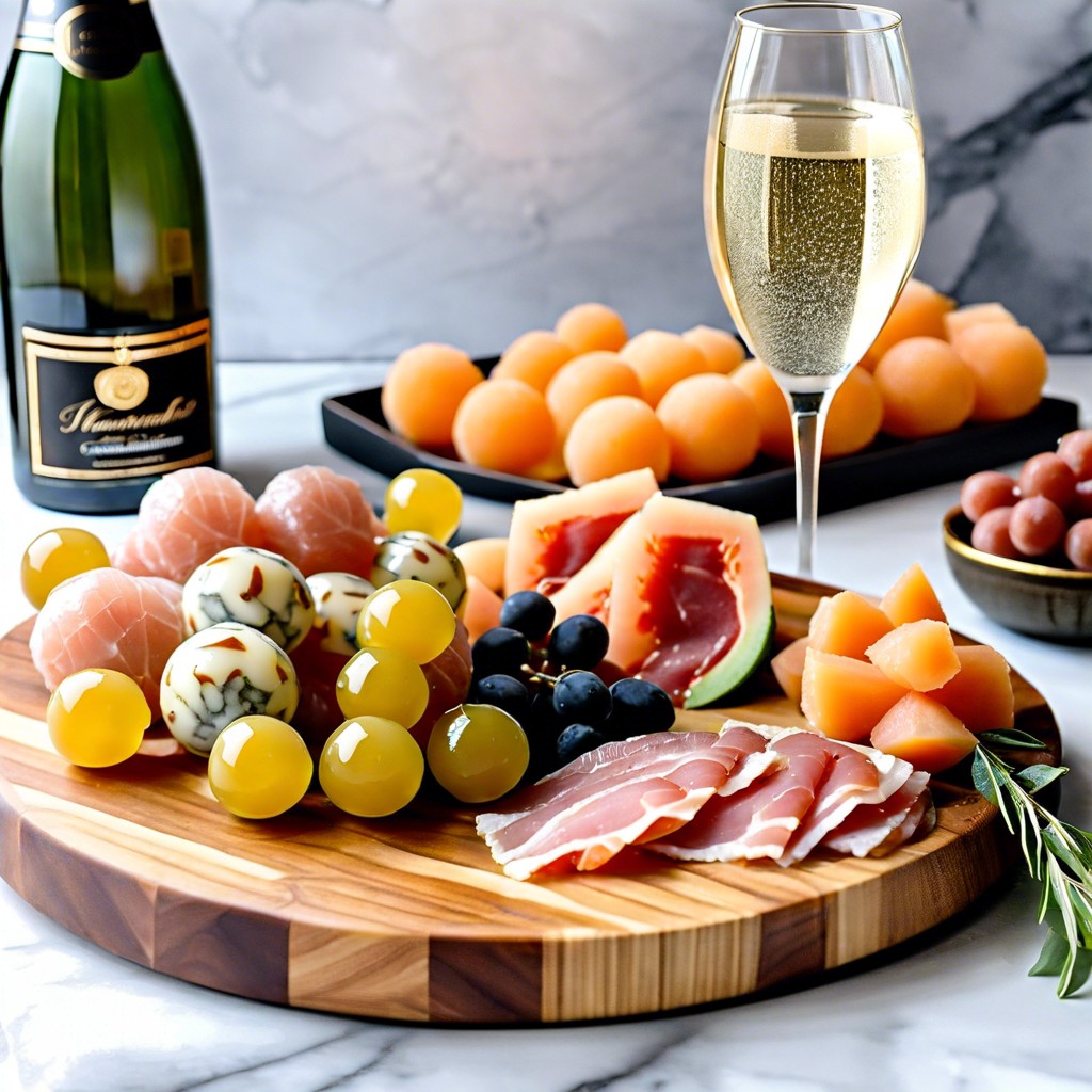 prosecco with prosciutto wrapped melon balls