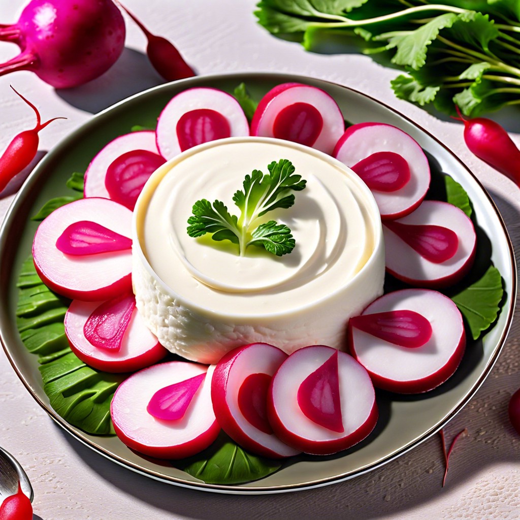 radish slices with cream cheese and dill