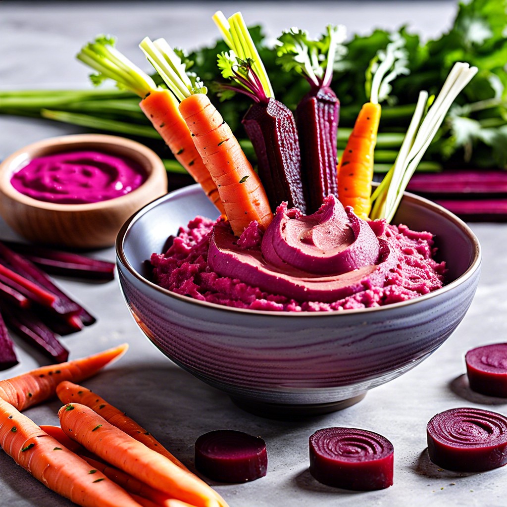 rainbow carrot sticks with beet hummus