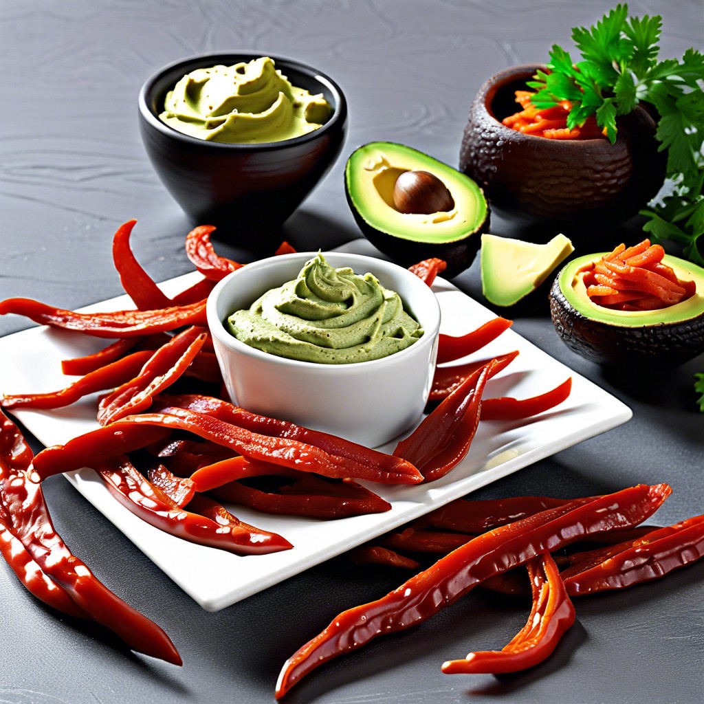 roasted red pepper strips with avocado dip