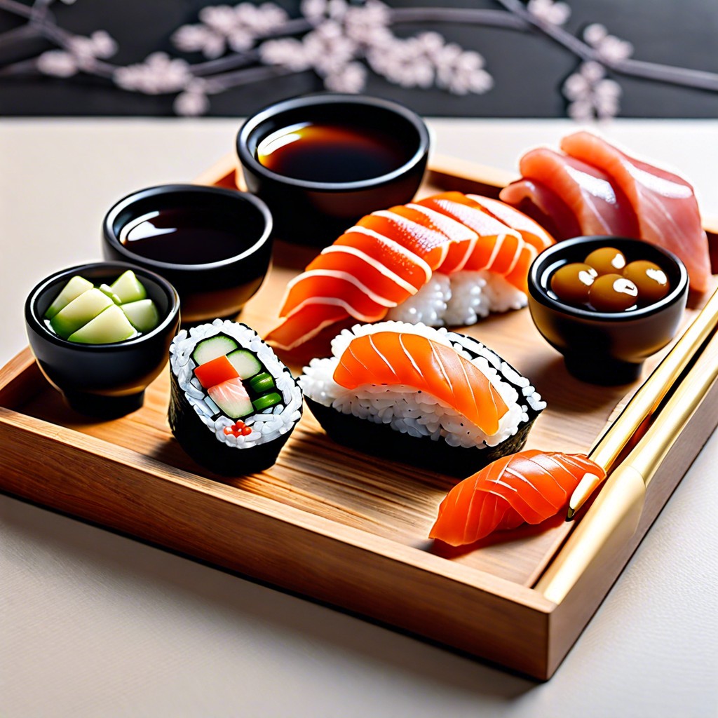 soy sauce in tiny dipping bowls