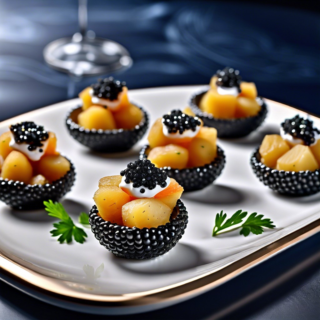 vodka with caviar topped potato bites