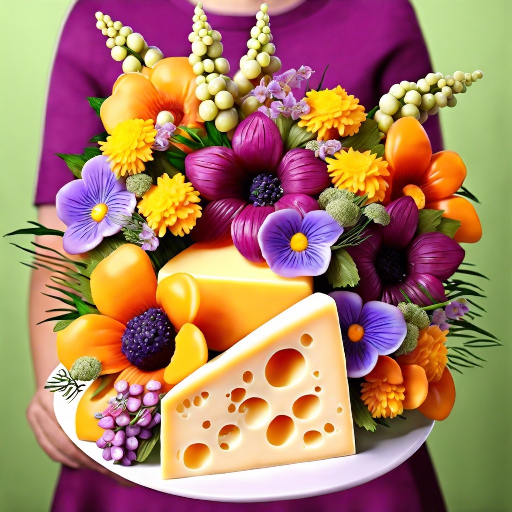 cheese bouquet with edible flowers