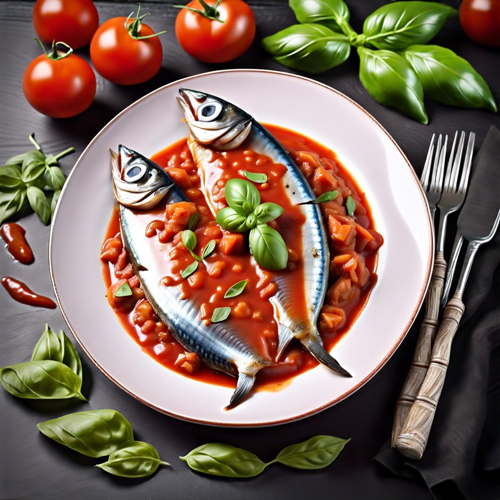 mackerel in tomato sauce with fresh basil