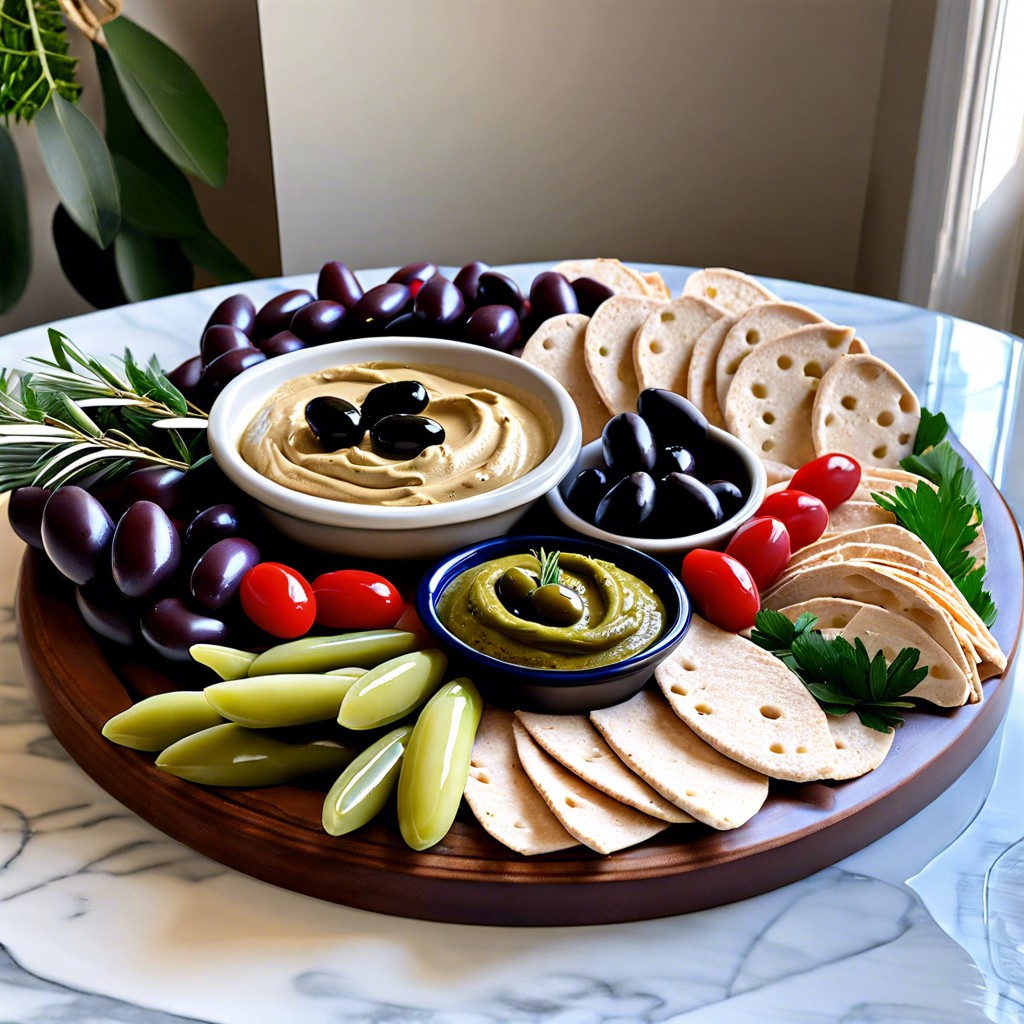 mediterranean platter with olives and hummus