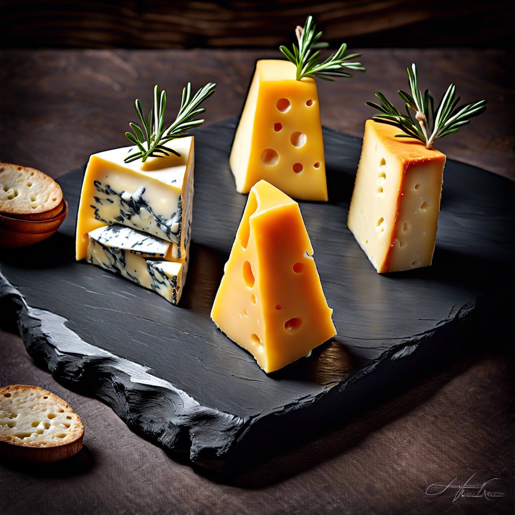 mini cheese towers on slate plates