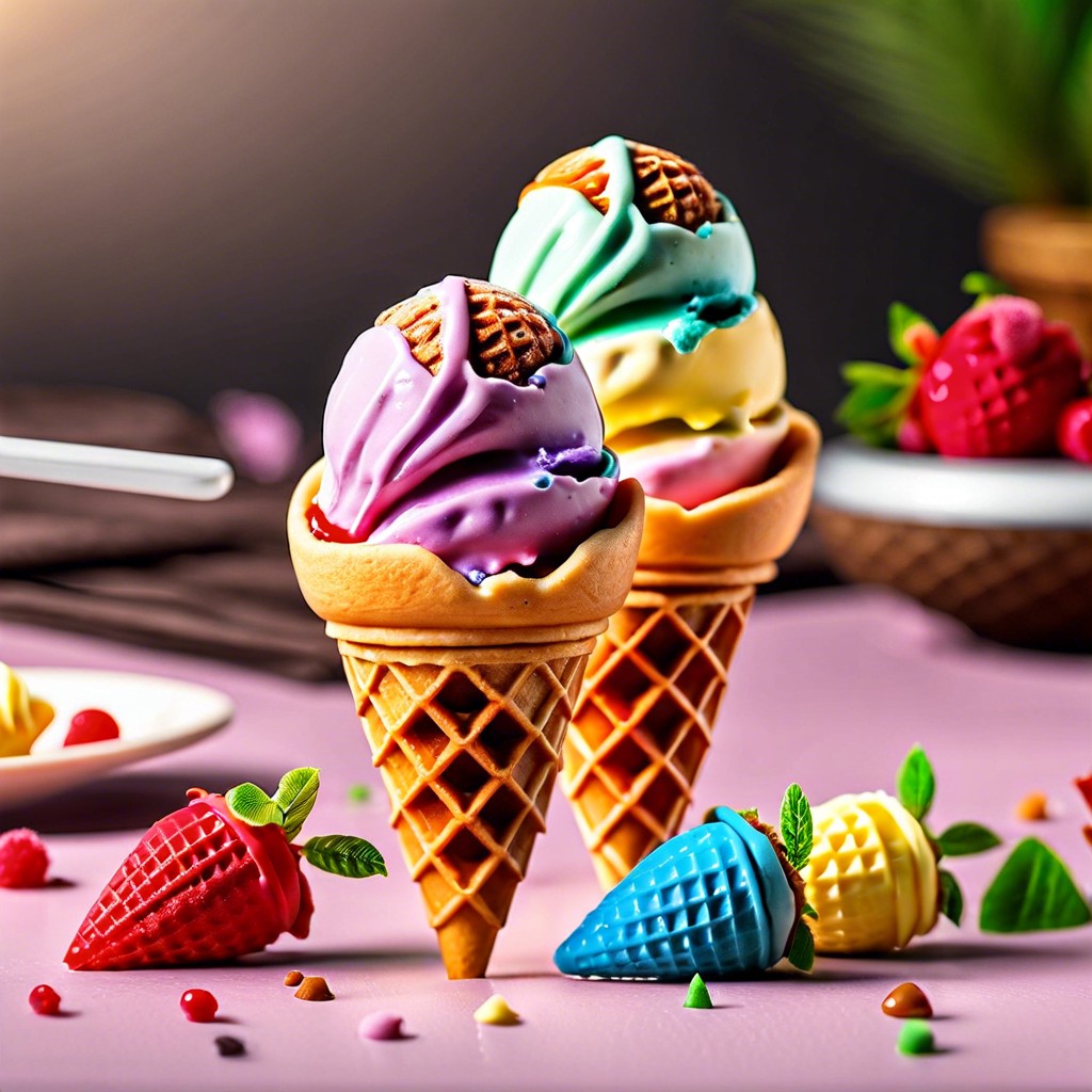 miniature waffle cones with ice cream