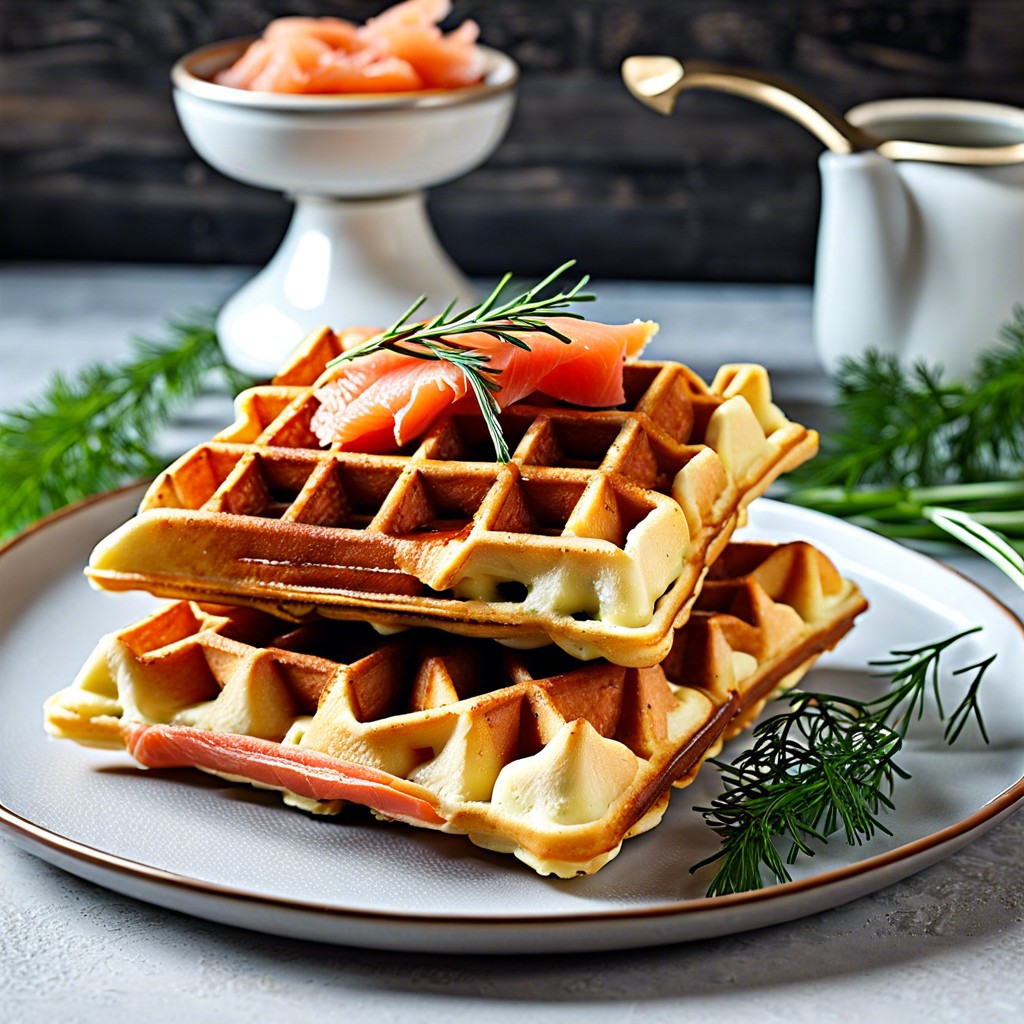 savory waffle squares with smoked salmon and cream cheese