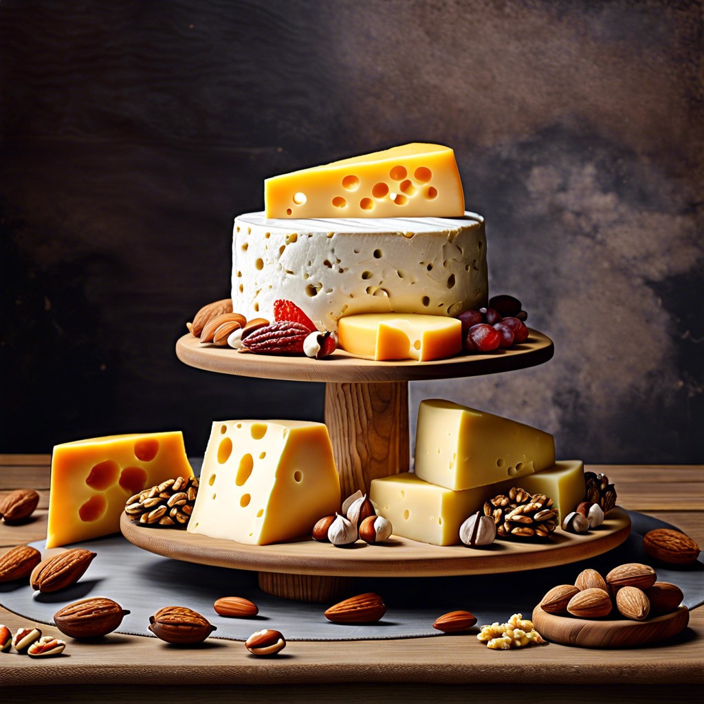 tiered cake stand with cheese and nuts