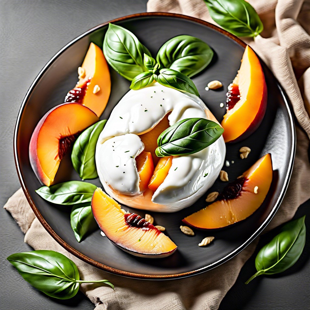 burrata with peach slices and basil