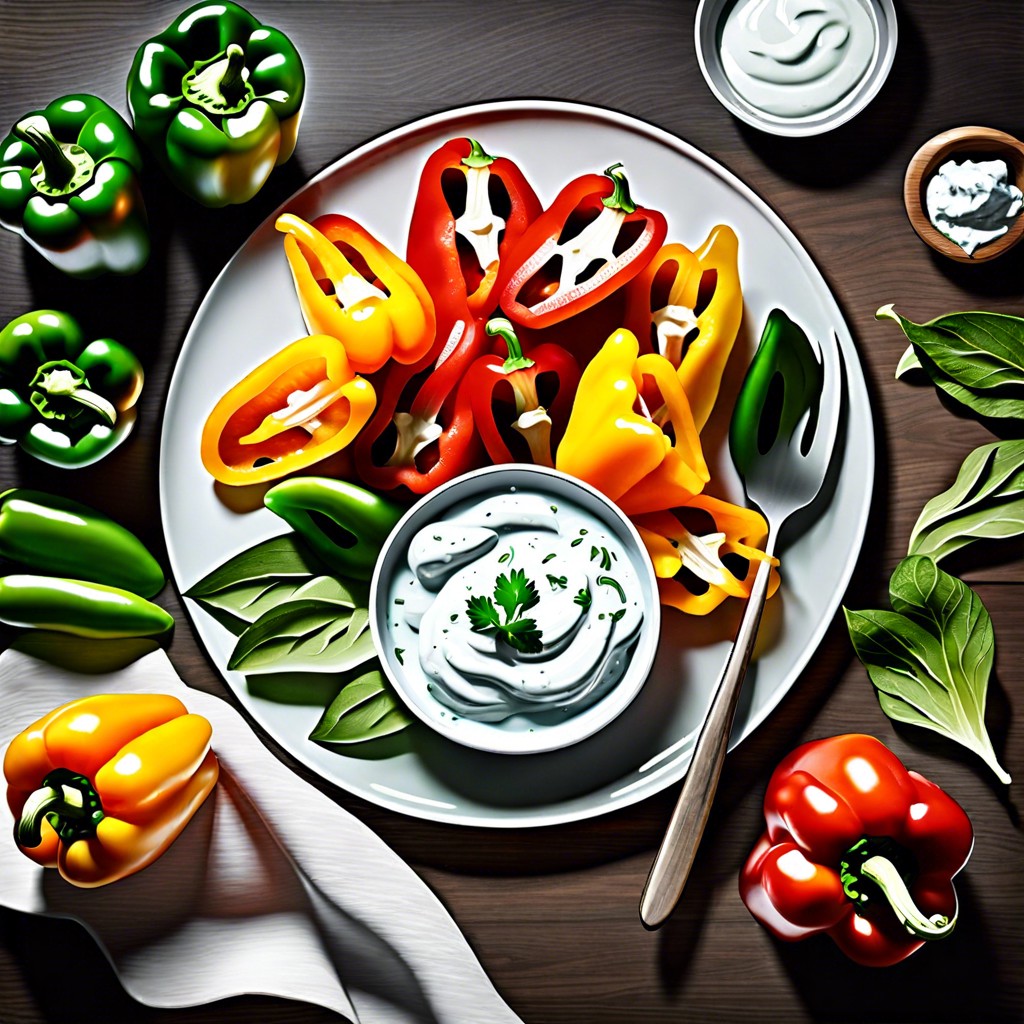 sliced bell peppers with tzatziki sauce