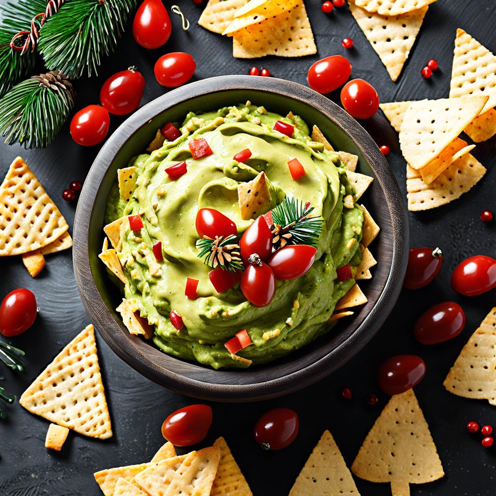 pine tree guacamole dip with chips